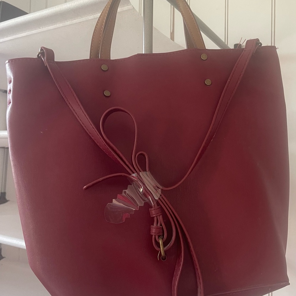 Chic Red and Brown Leather Tote Bag with Structured Design